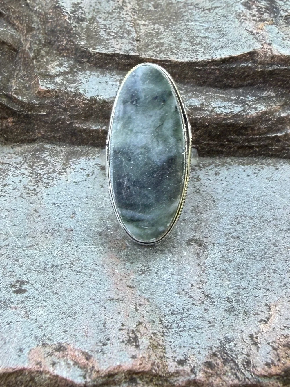 Genuine Moss Agate Green Stone Silver Ring 5.5